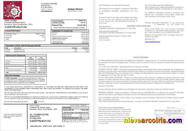 Syrian Cham Bank mortgage statement